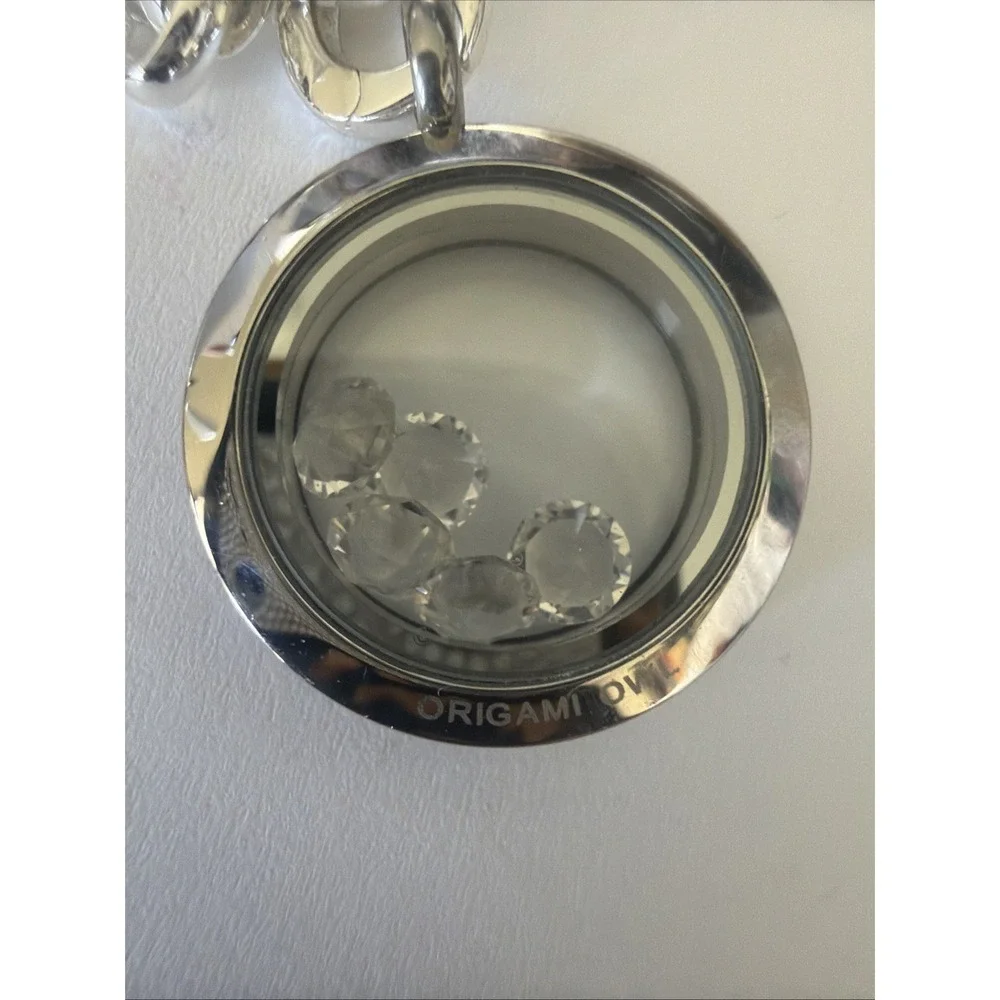 Origami Owl Silver Tone 5 Floating Crystal Charm Bracelet Locket Key Clover 7.5